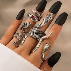 Serpent Snake Stackable Ring Set Silver Rhinestones Edgy Cult Goth Adjustable
